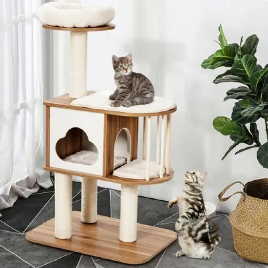 Costway 46'' Modern Wooden Cat Tree with Platform & Washable Cushions for Kittens & Cats image {2}