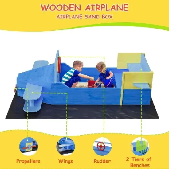 Airplane Wooden Sandbox &ndash; Kids Outdoor Sandpit with Drainage Liner, Foldable Benches & Playful Design for Backyard, Ages 4+ image {3}