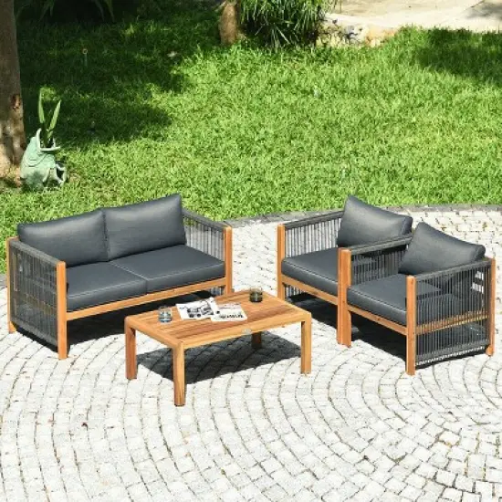 Tangkula 8PCS Acacia Wood Outdoor Patio Furniture Set Cushioned Sofa W/Nylon Rope Armrest image {3}