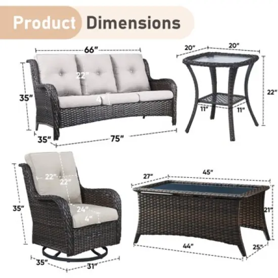 Gymojoy 5 Pieces Outdoor Wicker Sofa with Swivel Chairs, Coffee Table, Patio Furniture Set image {2}