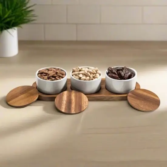 Kalmar Home Ceramic Condiment Set on Acacia Wood Base image {1}