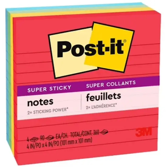 Post-it Super Sticky Notes Playful Primaries Colors Lined 4 in x 4 in 90 Sheets/Pad 4 Pads/Pack image {9}