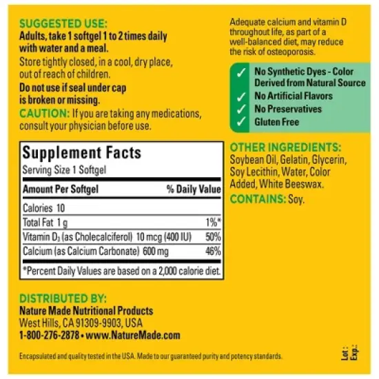 Nature Made Calcium 600mg Softgels with Vitamin D3 for Bone Support - 100ct image {2}