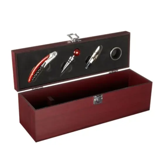 True Cherry 1-Bottle Wine Accessories Gift Set | Premium Corkscrew Opener Kit, Drip Ring, Wine Pourer, Stopper in Wood Case with Padded Insert, Brown image {5}