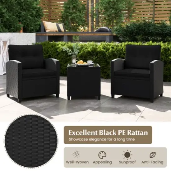 Tangkula 3 Piece Patio Furniture Set, Rattan Conversation Set w/Soft Seat & Back Cushions, Tempered Glass Topped Coffee Table Black image {4}