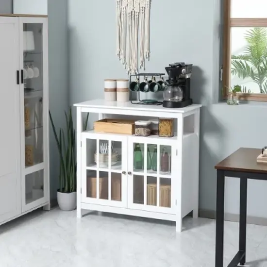 HOMCOM Kitchen Sideboard, Storage Buffet Cabinet with Open Shelf, Glass Door Cabinet and Adjustable Shelf for Living Room, White image {2}