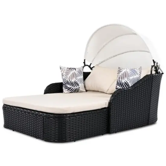 Outdoor Sunbed with Adjustable Canopy, Double PE Rattan Daybed with Cushion for Patio, 79" Wicker Sunbed Lounge Chair with Pillows-Koiai image {2}