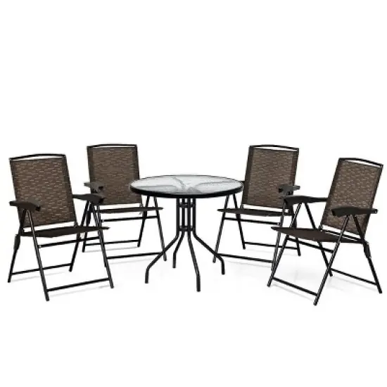 Costway 5PC Bistro Outdoor Patio Furniture Set Glass Table W/4 Folding Adjustable Chairs image {2}