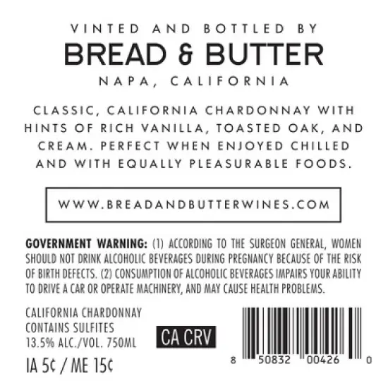 Bread & Butter Chardonnay White Wine - 750ml Bottle image {9}