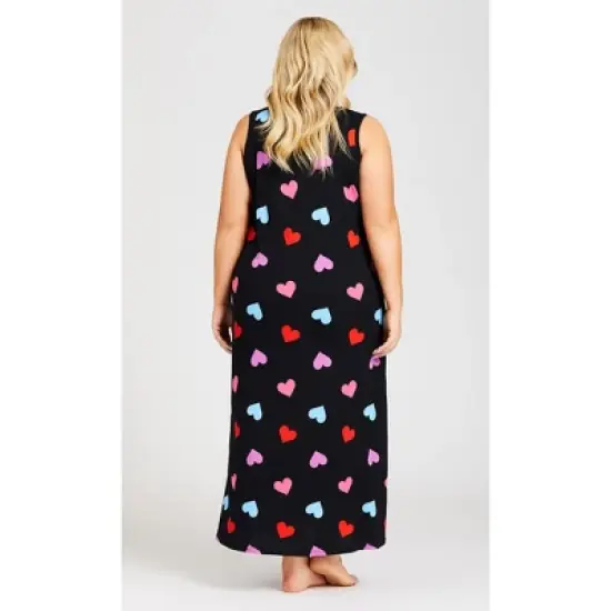 Women's Plus Size Heart Print Maxi Sleep Dress  - Black | AVENUE image {1}