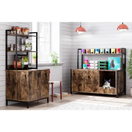 Cat Litter Box Enclosure w/Shelves Storage, 2-in-1 Hidden Litter Box w/ Doors, Indoor Litter Box Furniture, Cat Wooden Washroom Furniture image {2}