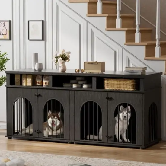 Double Dog Crate Furniture 71" Dog Kennel Furniture for 2 Medium Dogs, Heavy Duty Dogs Cage XL Dogs House Indoor with 3 Storage Shelves image {6}