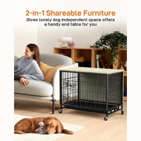 Dog Crate Furniture, 32.5 Inch Wooden Heavy-Duty Dog Kennel with Pull-Out Tray & Removable Wheels image {2}