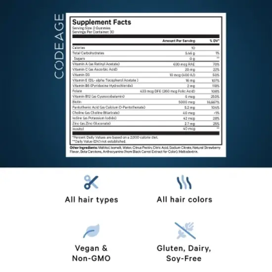 Codeage Hair Gummies, Biotin, Vitamin C, Inositol, Zinc, Folic Acid, Sugar-Free Supplement - 60ct image {2}