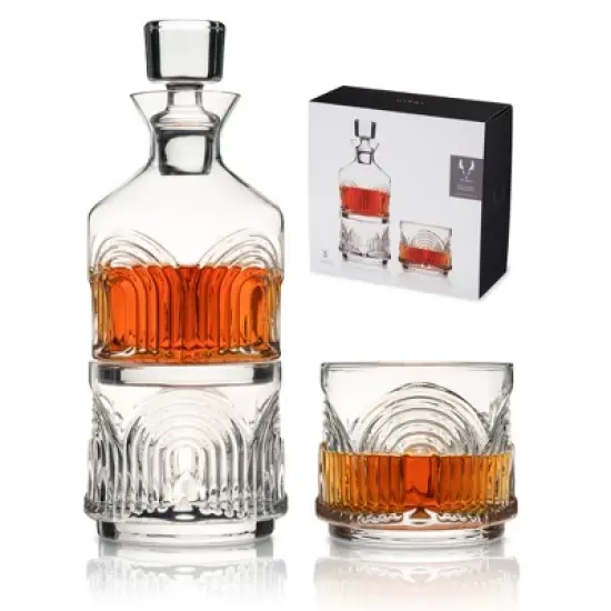 Viski Beau Stacking Decanter Set with Lowball Glasses - Crystal Decanter and Glasses for Whiskey - Art Deco Cocktail Glasses Whiskey Decanter Set of 3 image {11}