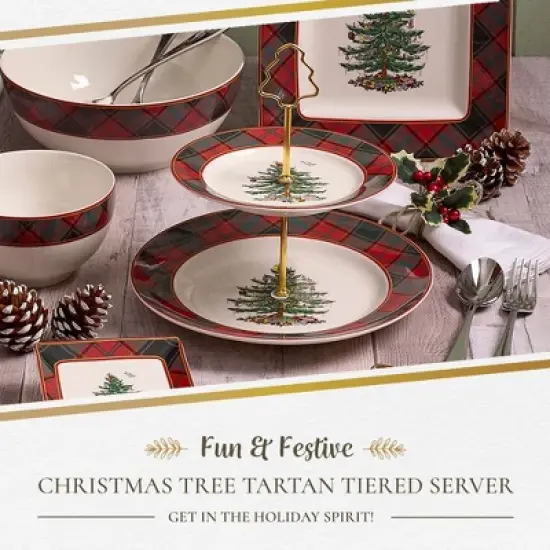 Spode Christmas Tree Tartan 2-Tiered Server, Holiday Cupcake Stand, Dessert Display Set, Earthenware Serving Platter, 10" & 8" Plates, Dishwasher Safe image {1}