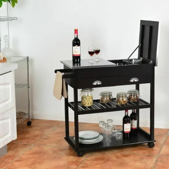 Costway Rolling Kitchen Island Trolley Cart Stainless Steel Flip Tabletop W/ Drawer Brown image {3}