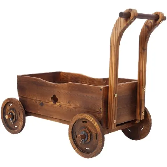 Wooden Wagon Planter Box, Mobile Garden Planter with 4 Wheels, Handle, Drain Hole, Decorative Flower Planter Brown image {5}