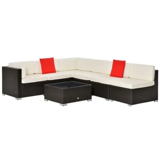 Outsunny 7 Piece Outdoor Patio Furniture Set, PE Rattan Wicker Sectional Sofa Set with Couch Cushions, Pillows,  Coffee Table, Orange, White image {2}