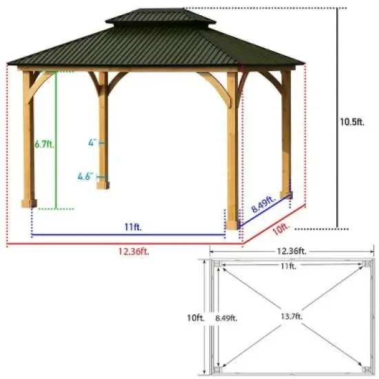 Aoodor Patio Solid Wooden Gazebo 10 x 12.36 ft. Hardtop Roof 2 - Tier for Garden image {4}