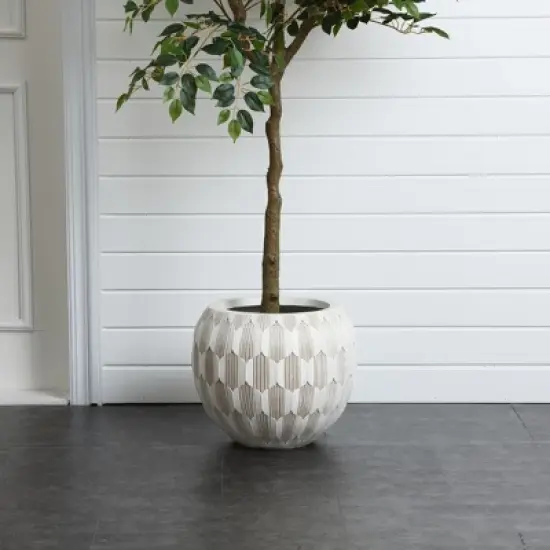 LuxenHome 14" Dia Round Concrete Planter Indoor Outdoor Large Plant Pot with Drainage Hole and Plug Modern Geometric Pattern Flower Pot White image {4}