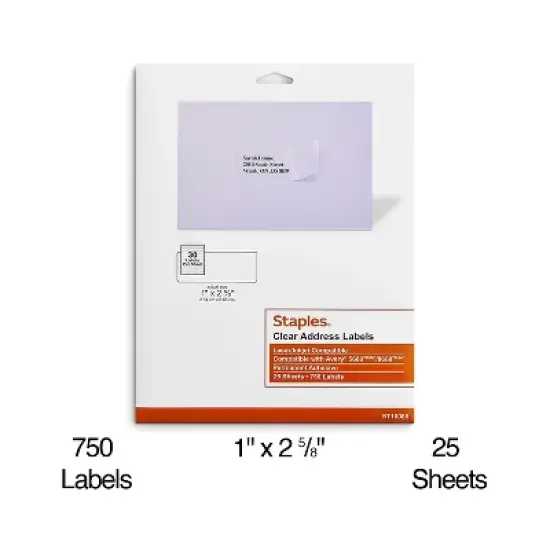 Staples Laser/Inkjet Address Labels 1" x 2 5/8" Clear 30 Labels/Sheet 575748 image {1}