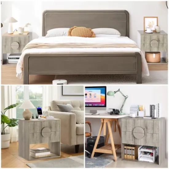 Whizmax Fluted Nightstand with Charging Station - 2 Drawers + Open Shelf, Modern Wood Bedside Table for Bedroom & Living Room Storage image {7}