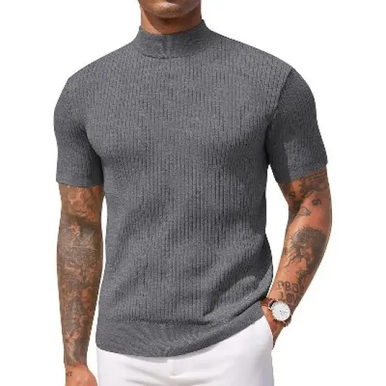 COOFANDY Men's Mock Turtleneck Sweater Short Sleeve Casual Basic Tops Ribbed Knit Pullover Solid Tee image {2}