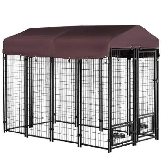 PawHut Outdoor Dog Kennel with Rotating Bowl Holders, Dog Playpen Fence with Waterproof Cover, 8' x 4' x 6', Red image {6}