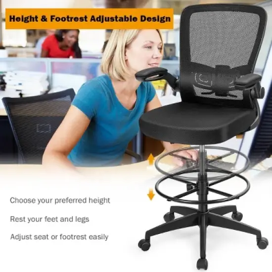 Costway Adjustable Swivel Drafting Chair with Flip-Up Armrests Adjustable Lumbar Support Black&White/Black image {8}