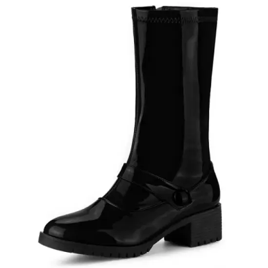 Allegra K Women's Round Toe Chunky Heels Patent Leather Mid Calf Boots image {6}