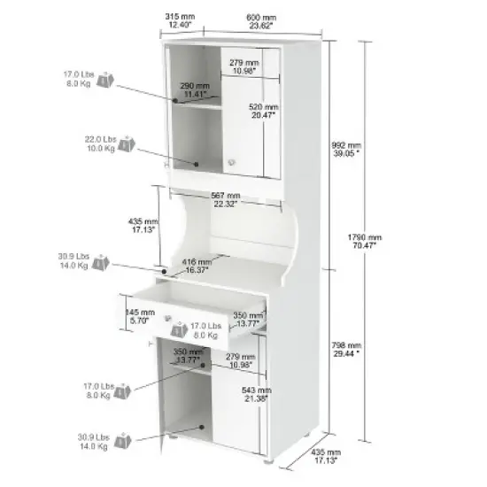 1 Drawer Kitchen/Microwave Storage Cabinet with Open Space White - Inval image {5}