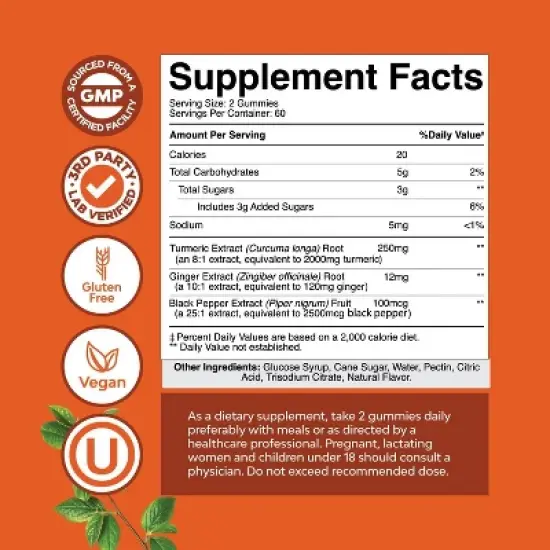 Turmeric Gummies, Extra Strength Joint Support Gummies with Turmeric Curcumin with Black Pepper Extract and Ginger, Nature's Craft, 120ct image {2}