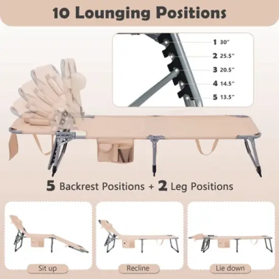 Costway Outdoor Beach Lounge Chair Folding Chaise Lounge with Pillow Blue\Blue&Green\Black\Grey\Turquoise\Pink\Beige\Light Pink image {4}