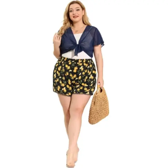 Agnes Orinda Women's Plus Size Shorts Floral Straight Slash Pocket Lace Trim Elastic Waist Pants image {2}
