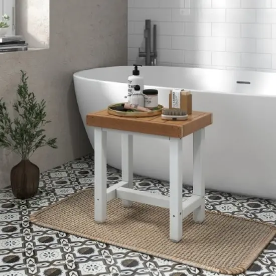 Costway 18'' x 12'' Heavy Duty HDPE Waterproof Shower Bench Spa Bath Shower Stool Brown & Off White image {1}