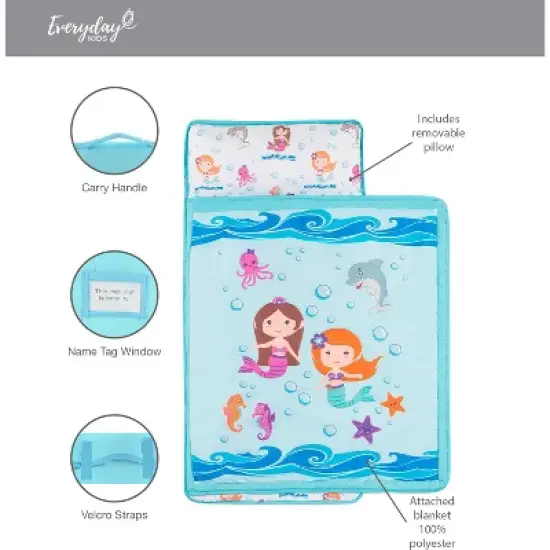 Everyday Kids Toddler Nap Mat &ndash; Underwater Mermaids &ndash; Soft Microfiber, Rollup with Handle & Pillow, for Preschool, Daycare, or Travel -Ages 2-6 years image {7}