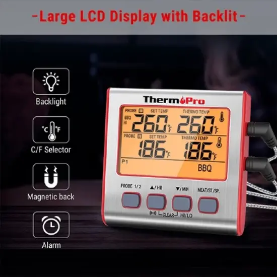 ThermoPro TP17W Digital Meat Thermometer with Dual Probes and Timer Mode Grill Smoker Thermometer with Large LCD Display image {1}