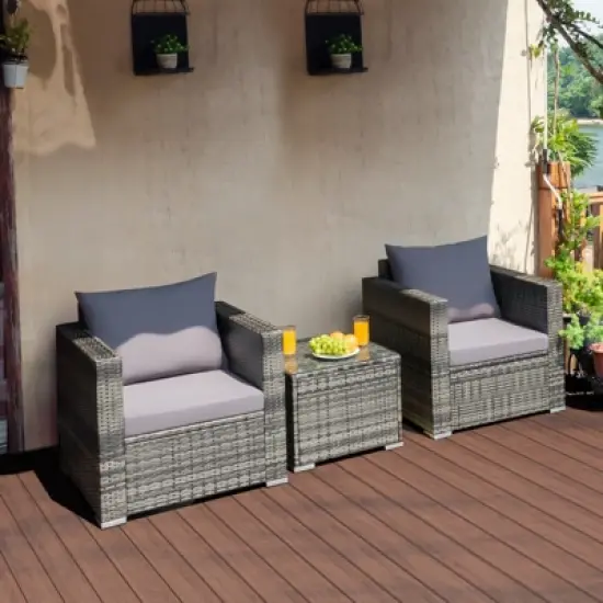 Tangkula 3-Piece Patio Wicker Conversation Set Bistro Rattan Sofa Chair with Washable Cushion Gray image {2}