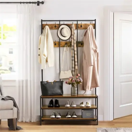 Yaheetech 73"H 3-IN-1 Hall Tree with 2 Shelves & 24 Hooks for Entryway/Hall, Rustic Brown image {3}