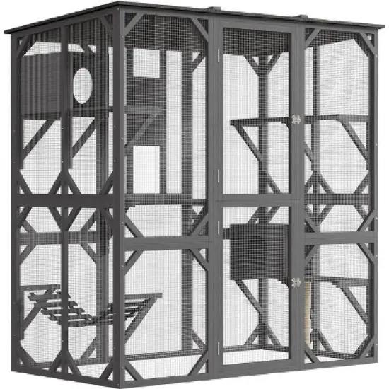 68'' Wooden Catio - 4-Tier Outdoor Cat Enclosure for Multiple Cats, Waterproof Shelter w/ 4 Platforms, 2 Sliding Doors & Scratching Post image {1}