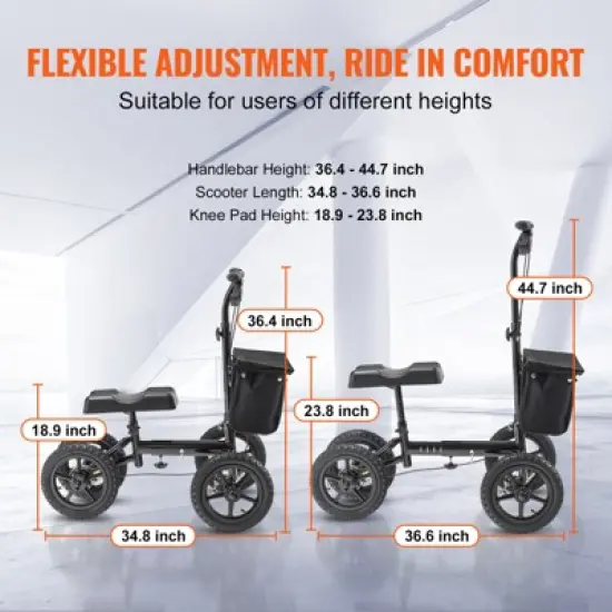 VEVOR Folding Knee Scooter, Aluminum Steerable Knee Walker with Height-Adjustable Handlebar & Knee Pad, 12" All-Terrain Wheels, Dual Brakes, 350LBS image {3}