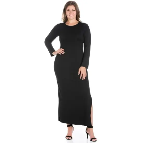 Long Sleeve Side Slit Fitted Black Maxi Plus Size Dress image {4}