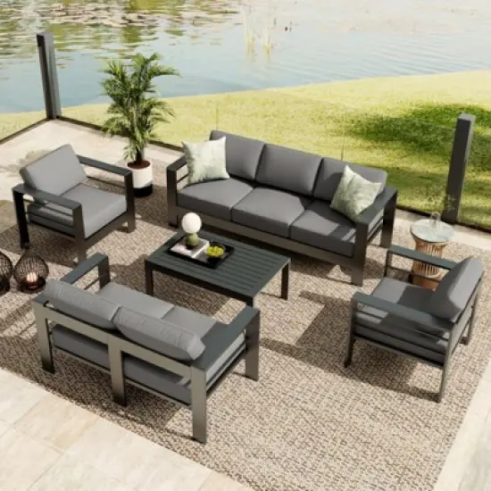 4-Piece Outdoor Patio Furniture Set, Aluminum Outdoor Sofa with Removable Cushions & Glass Top Coffee Table, Modern Patio Conversation Sets image {8}