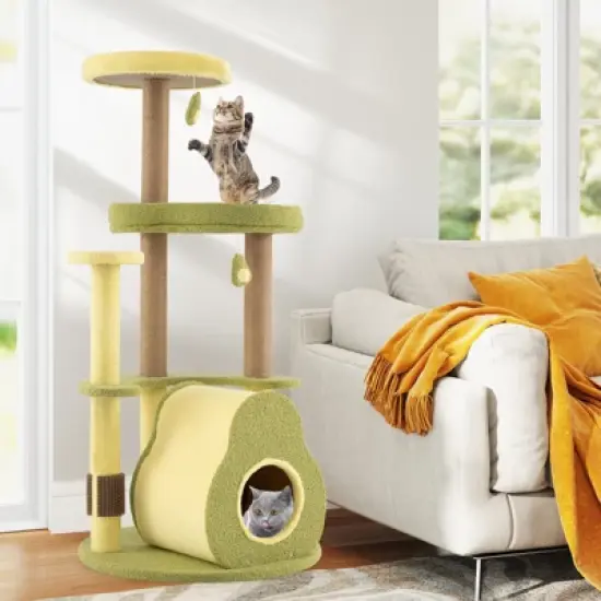 Tangkula Avocado Cat Tree Multi-level Cat Tower w/ Private Condo Cat Self-grooming Brush image {2}