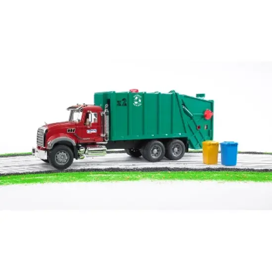 Bruder MACK Granite Garbage Truck, Ruby Red Cab, Green Garbage Box image {1}