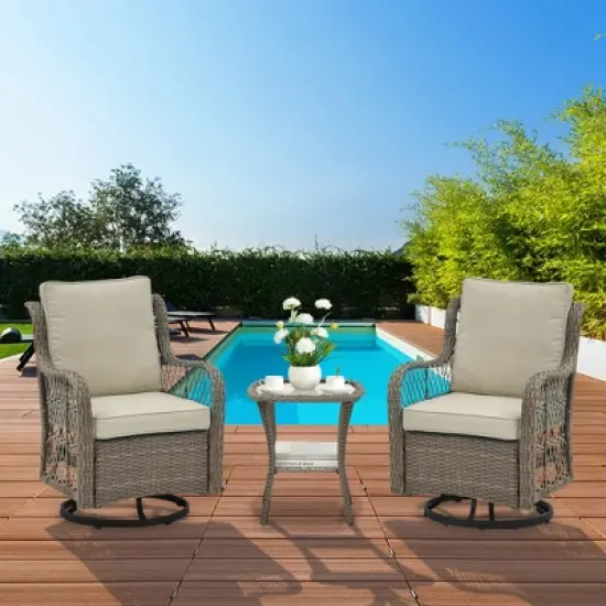3 Pieces Patio Furniture Set,Outdoor Swivel Rocker Patio Chairs, Wicker Patio Bistro Set with Rocking Chair, Thickened Cushions and Coffee Table image {10}