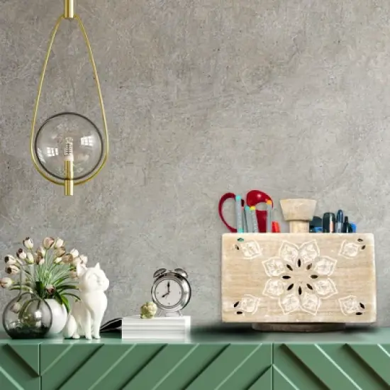 Mela Artisans Spinning Wooden Pen Holder with 4 Compartments White image {3}