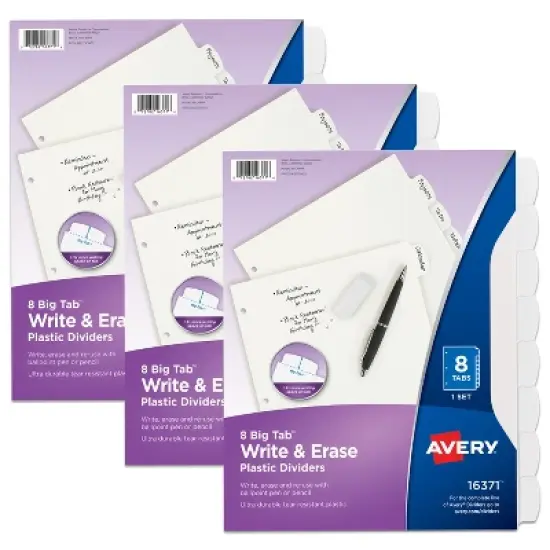 Avery Big Tab Write & Erase Durable Plastic Dividers for 3 Ring Binders, 8-Tab Sets, White, 3 Binder Divider Sets (01743) image {8}