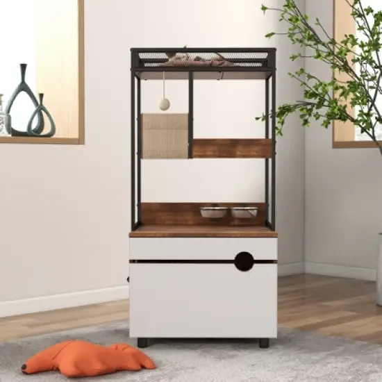 Corner Cat Tower, Cat Tree with Scratching Post, Cat Condo with Feeding Station image {7}